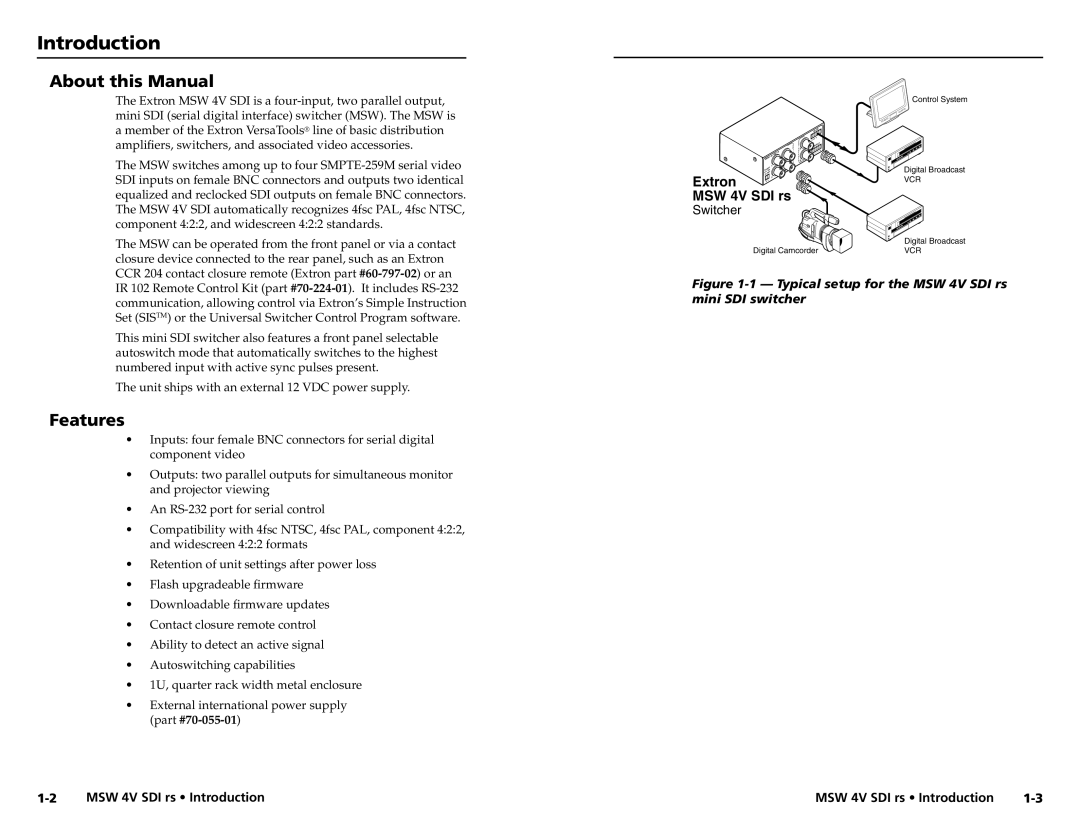 Extron electronic user manual About this Manual, Features, MSW 4V SDI rs Introduction, Extron 