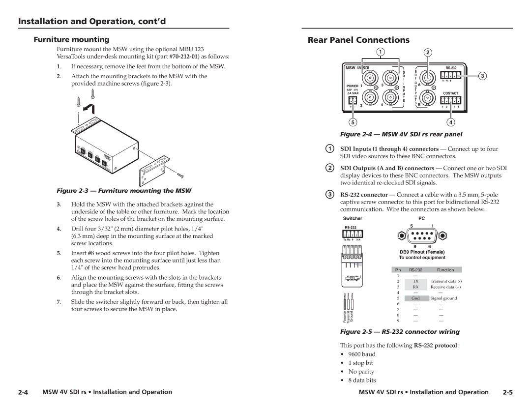 Extron electronic MSW 4V SDI rs user manual Installation and Operation, cont’d, Rear Panel Connections, Furniture mounting 