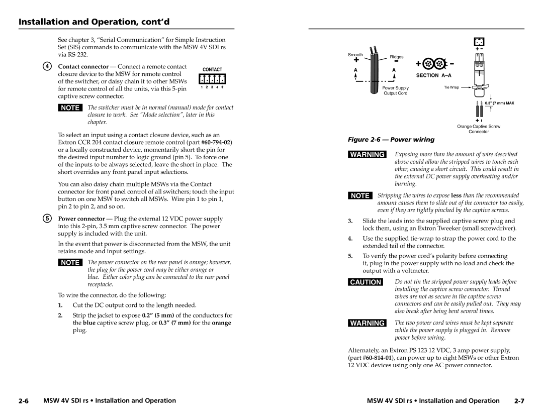 Extron electronic MSW 4V SDI rs user manual Power wiring 