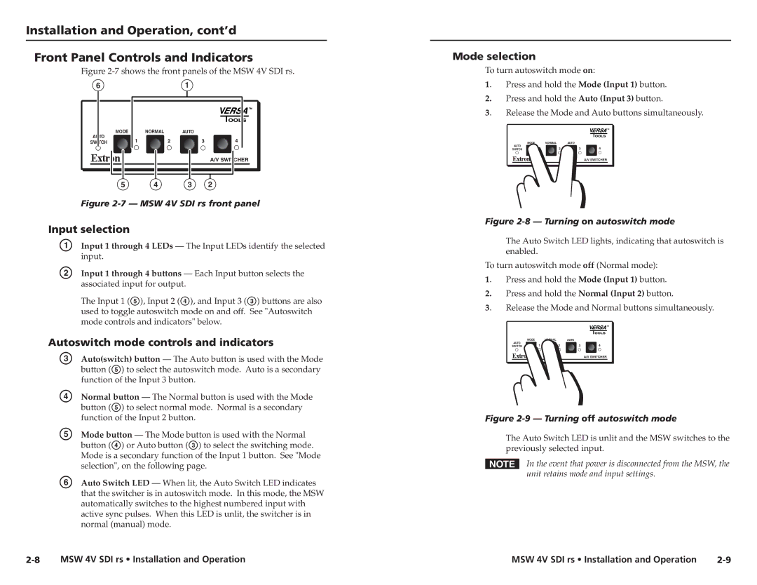 Extron electronic MSW 4V SDI rs user manual Input selection, Autoswitch mode controls and indicators, Mode selection 