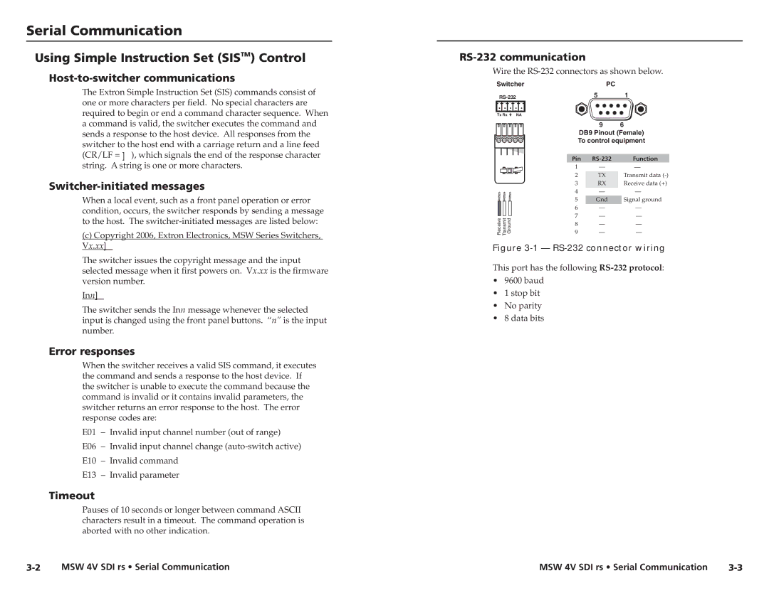 Extron electronic MSW 4V SDI rs user manual Serial Communication, Using Simple Instruction Set Sistm Control 