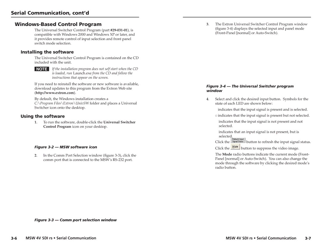Extron electronic MSW 4V SDI rs Serial Communication, cont’d Windows-Based Control Program, Installing the software 