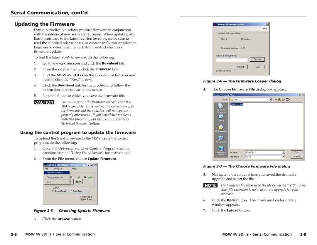 Extron electronic MSW 4V SDI rs user manual Serial Communication, cont’d Updating the Firmware 