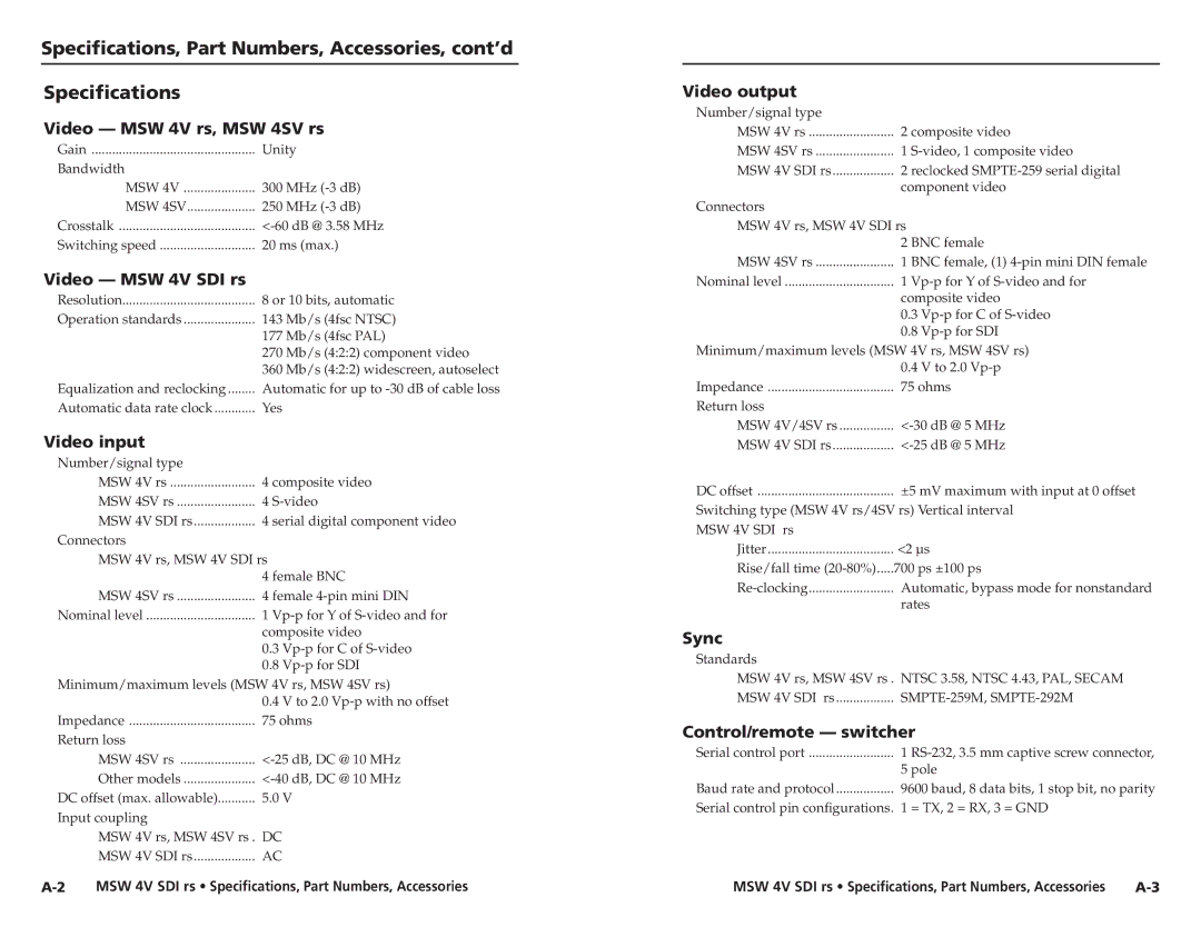 Extron electronic MSW 4V SDI rs user manual Specifications, Part Numbers, Accessories, cont’d 