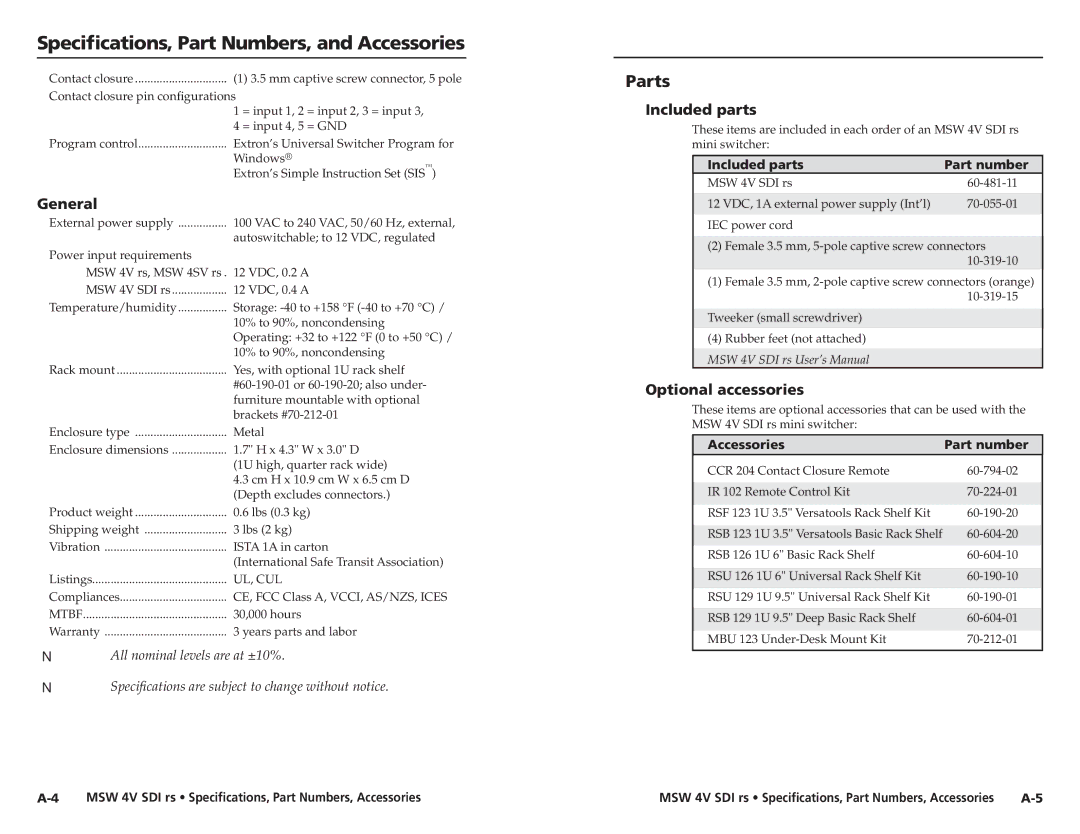 Extron electronic MSW 4V SDI rs user manual Specifications, Part Numbers, and Accessories, Parts, General, Included parts 