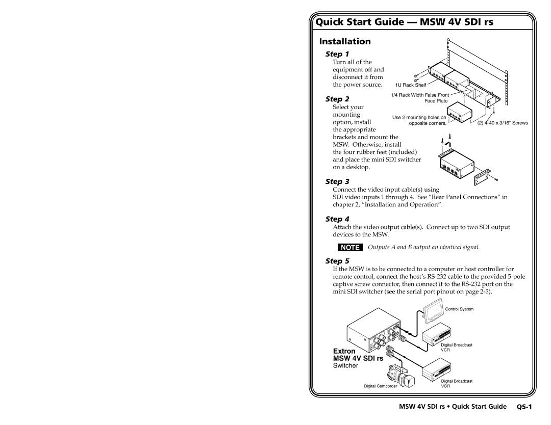 Extron electronic user manual Quick Start Guide MSW 4V SDI rs, Installation 