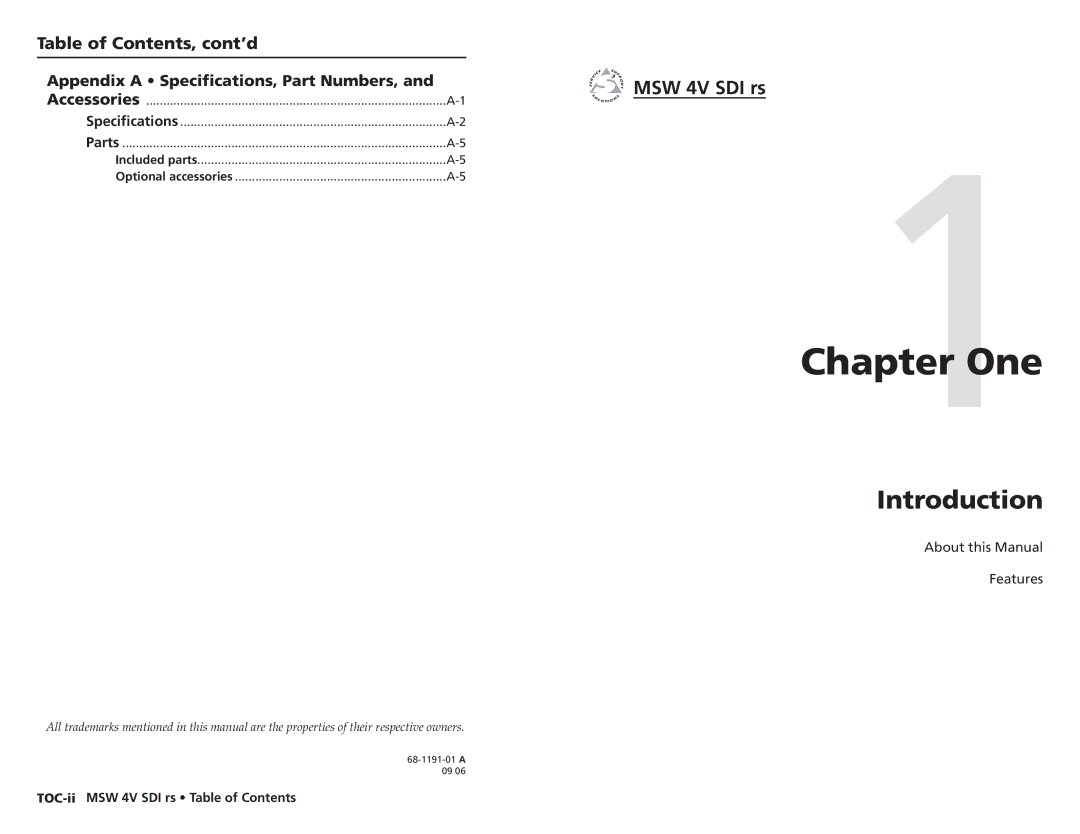 Extron electronic MSW 4V SDI rs user manual Table of Contents, cont’d, Appendix a Specifications, Part Numbers, Accessories 