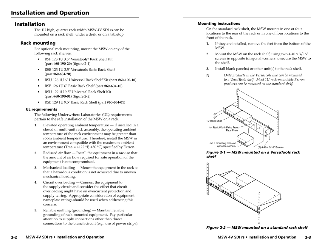 Extron electronic MSW 4V SDI rs Installation and Operation, Rack mounting, UL requirements, Mounting instructions 