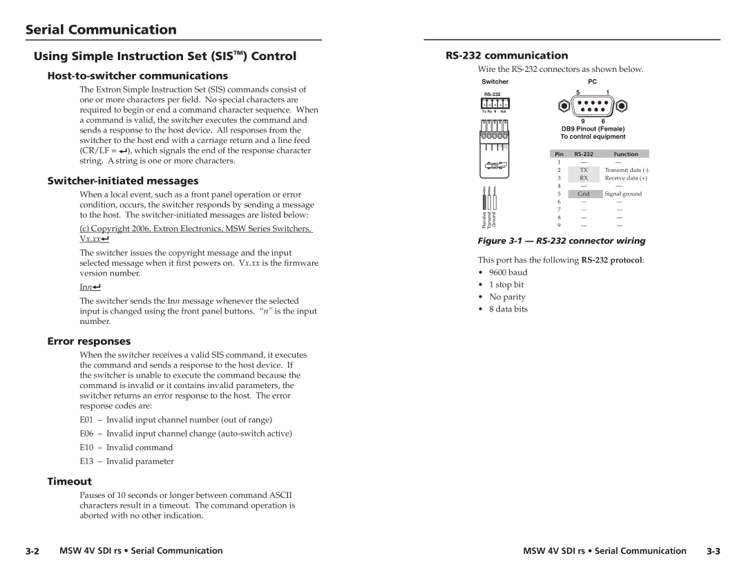 Extron electronic MSW 4V SDI rs user manual Serial Communication, Using Simple Instruction Set Sistm Control 