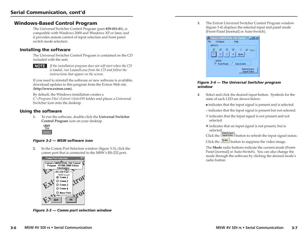 Extron electronic MSW 4V SDI rs Serial Communication, cont’d Windows-Based Control Program, Installing the software 