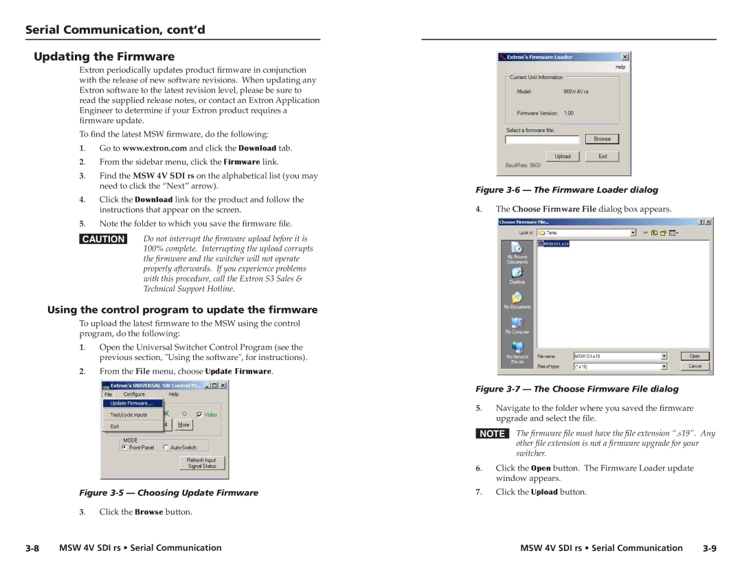 Extron electronic MSW 4V SDI rs user manual Serial Communication, cont’d Updating the Firmware 