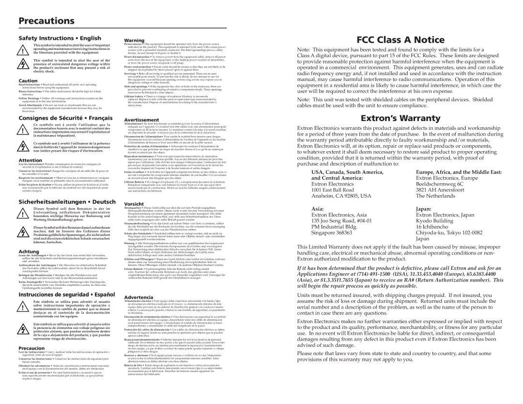 Extron electronic MSW 4V SDI rs user manual Precautions 