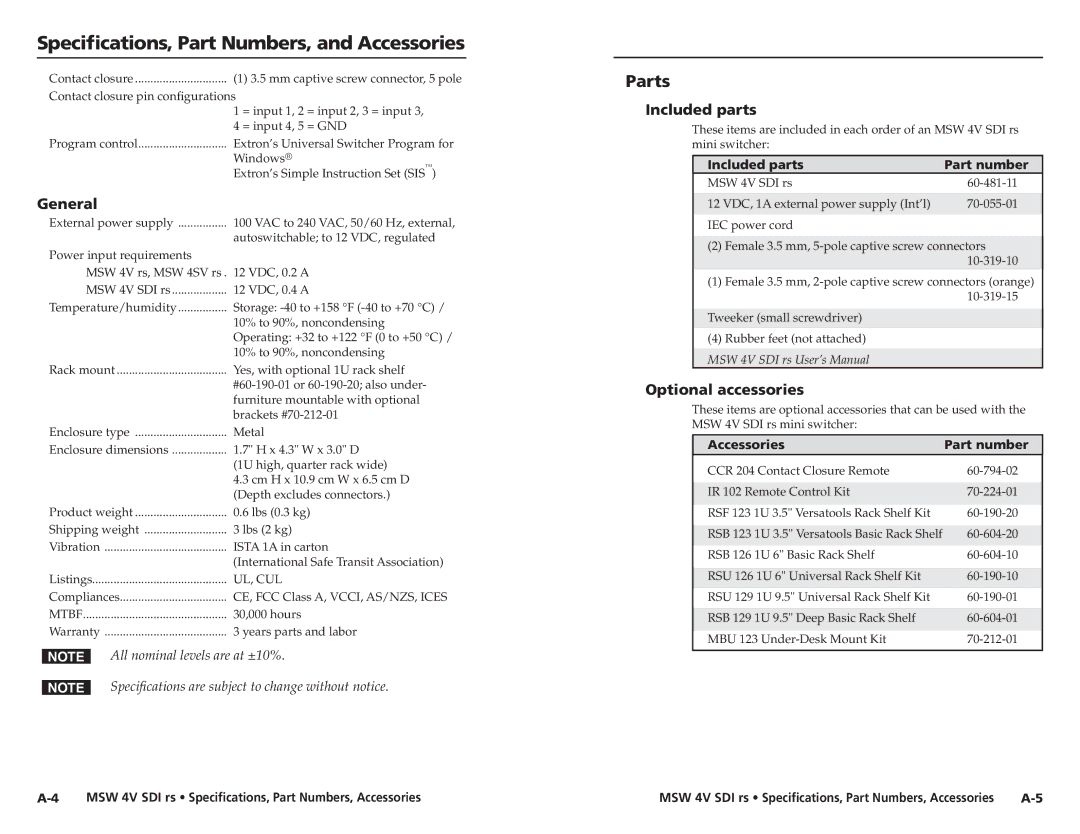 Extron electronic MSW 4V SDI rs user manual Specifications, Part Numbers, and Accessories, Parts, General, Included parts 