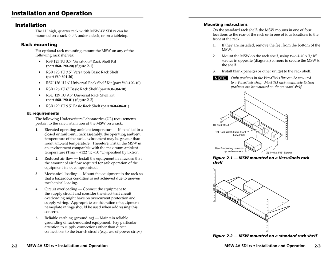 Extron electronic MSW 4V SDI rs Installation and Operation, Rack mounting, UL requirements, Mounting instructions 