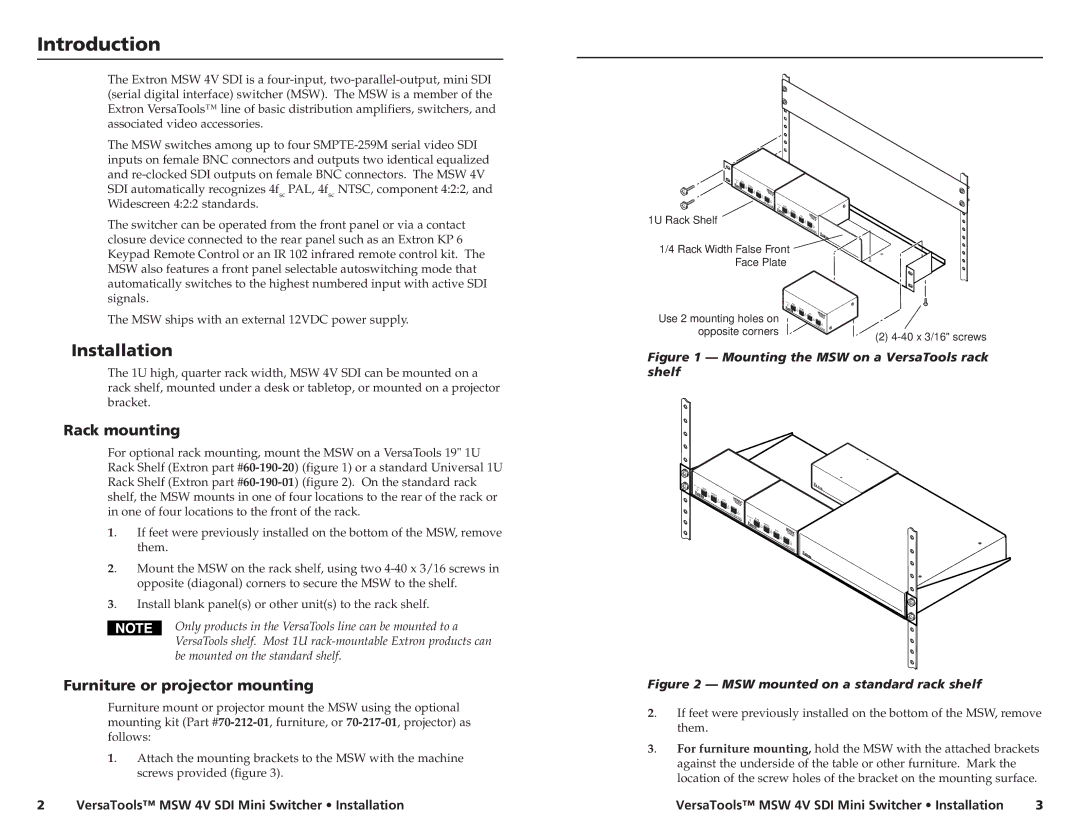 Extron electronic MSW 4V SDI manual Introductionstallation, Installation, Rack mounting, Furniture or projector mounting 