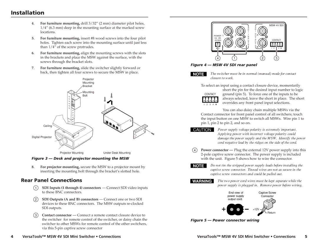 Extron electronic MSW 4V SDI manual Installation, Rear Panel Connections 