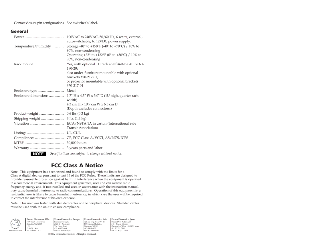 Extron electronic MSW 4V SDI manual FCC Class a Notice, General 