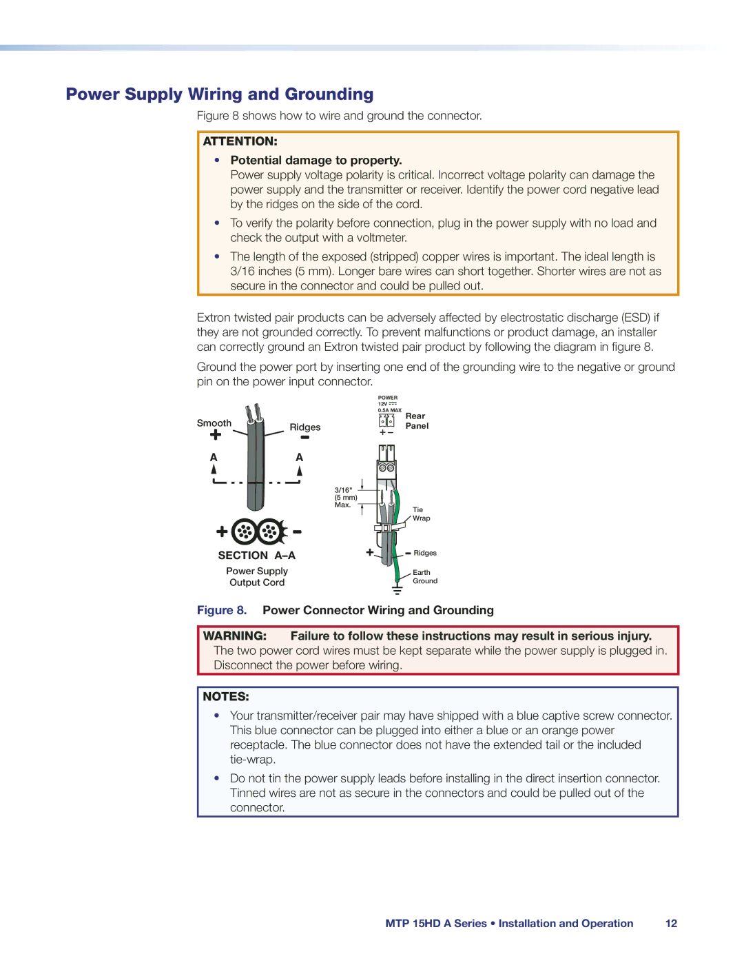 Extron electronic MTP 15 HD A manual Power Supply Wiring and Grounding, Potential damage to property 