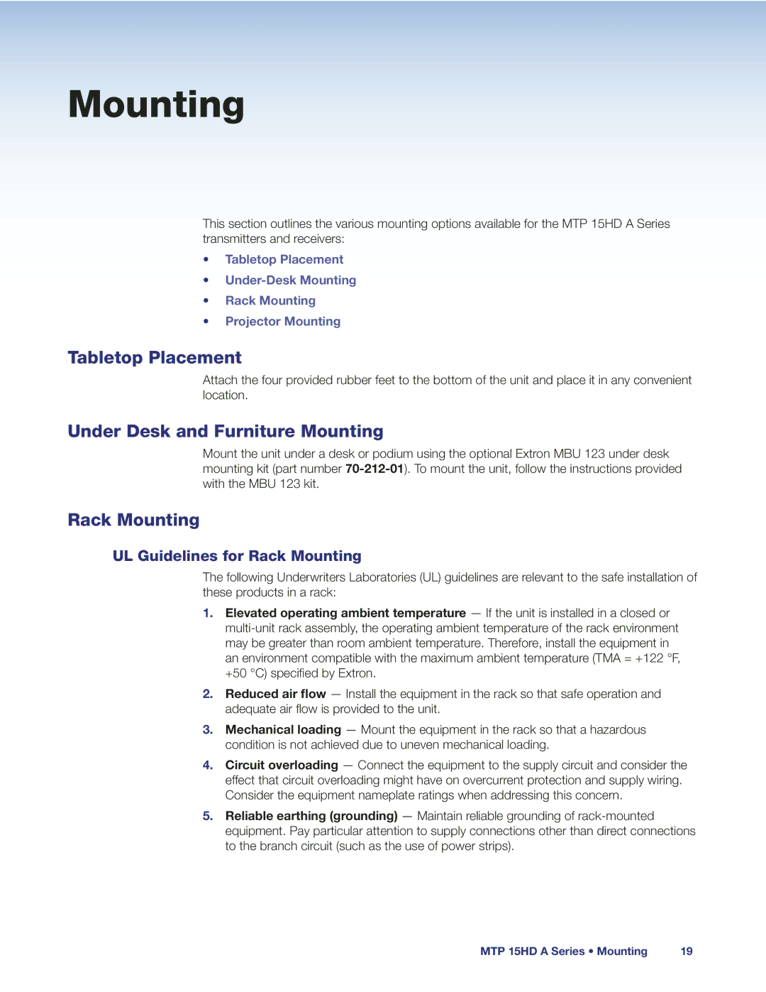 Extron electronic MTP 15 HD A manual Tabletop Placement, Under Desk and Furniture Mounting, Rack Mounting 