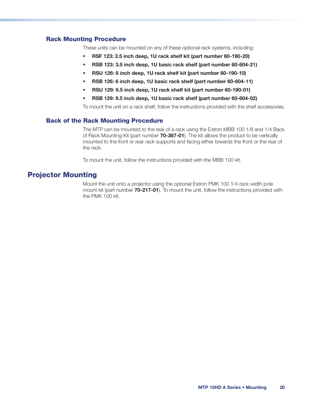 Extron electronic MTP 15 HD A manual Projector Mounting, Back of the Rack Mounting Procedure 