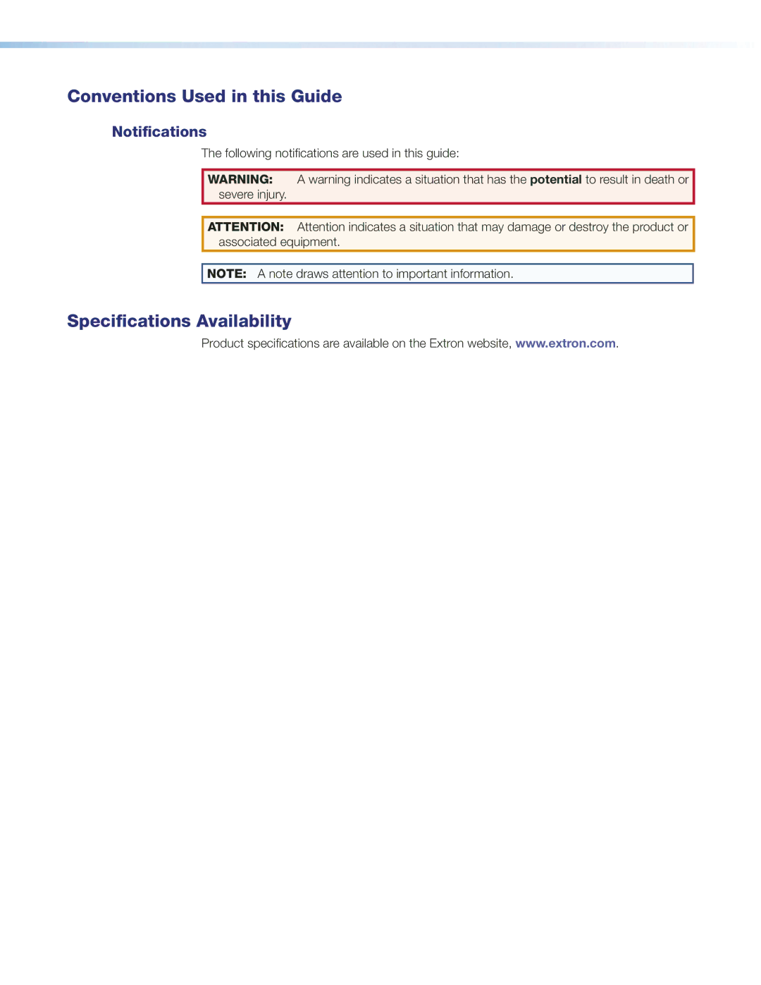 Extron electronic MTP 15 HD A manual Conventions Used in this Guide, Specifications Availability, Notifications 