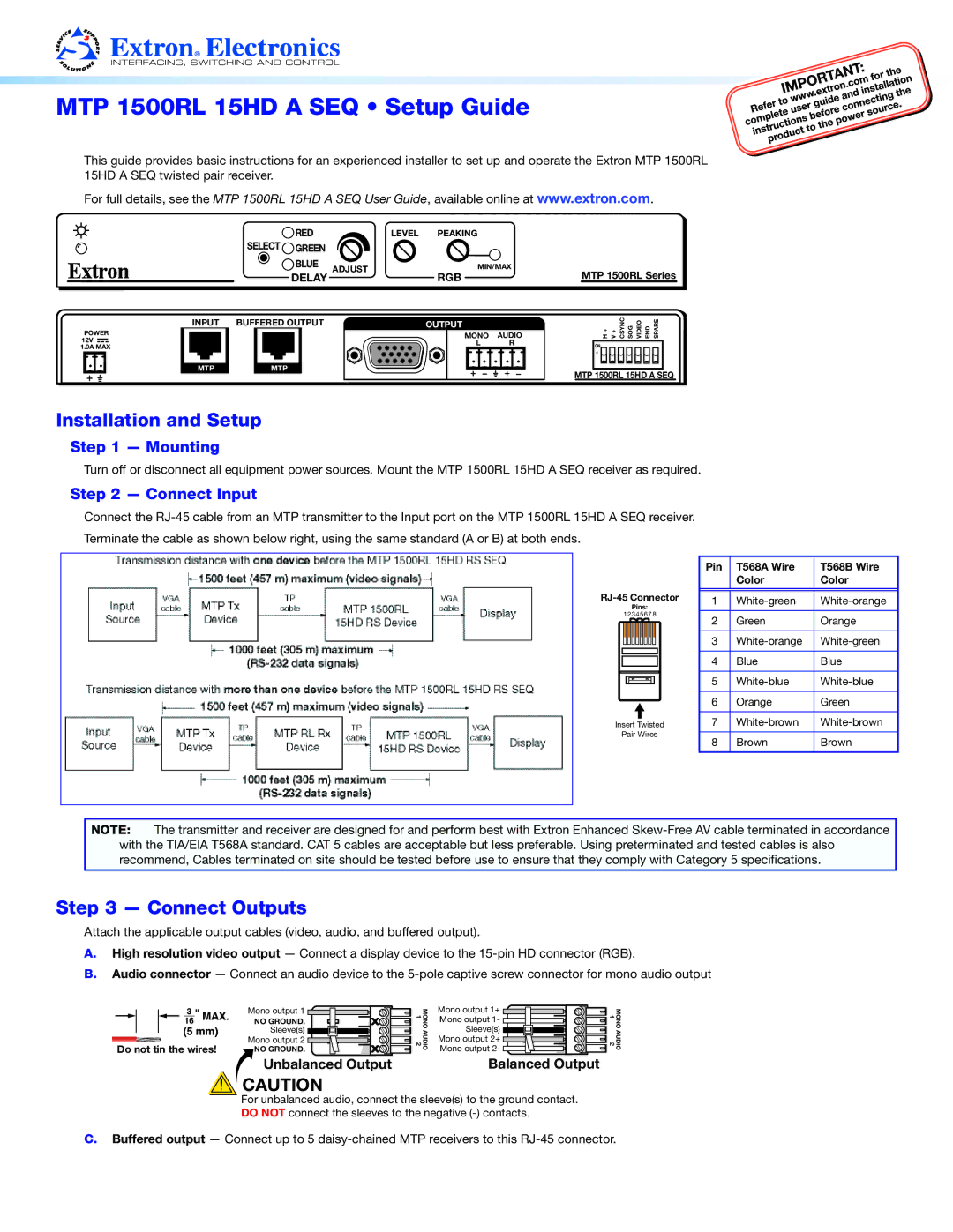 Extron electronic MTP 1500RL 15HD A SEQ setup guide Installation and Setup, Connect Outputs, Mounting, Connect Input 