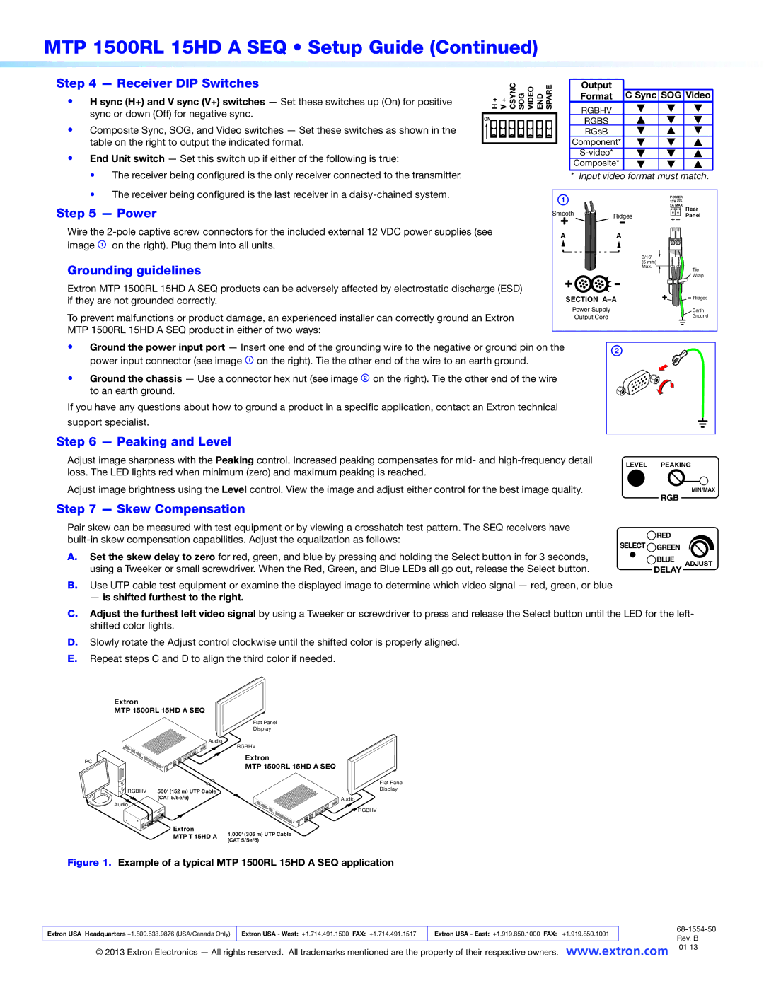 Extron electronic MTP 1500RL 15HD A SEQ setup guide Receiver DIP Switches, Power, Grounding guidelines, Peaking and Level 