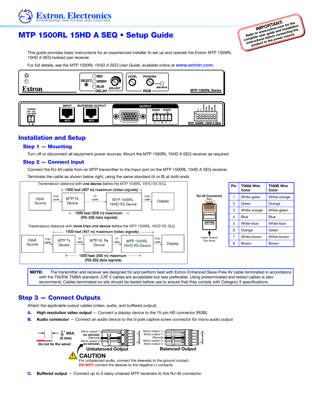Extron electronic setup guide MTP 1500RL 15HD A SEQ Setup Guide, Mounting, Connect Input, Installation and Setup 
