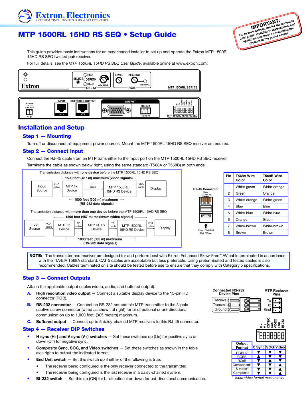 Extron electronic MTP 1500RL 15HD RS SEQ installation instructions Mounting, Connect Input, Connect Outputs 