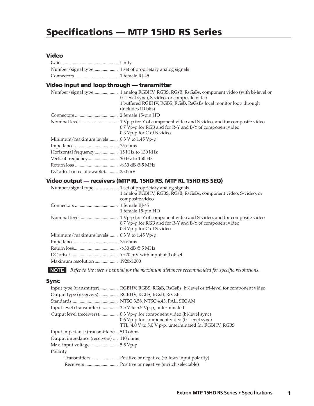 Extron electronic specifications Specifications MTP 15HD RS Series, Video input and loop through transmitter, Sync 