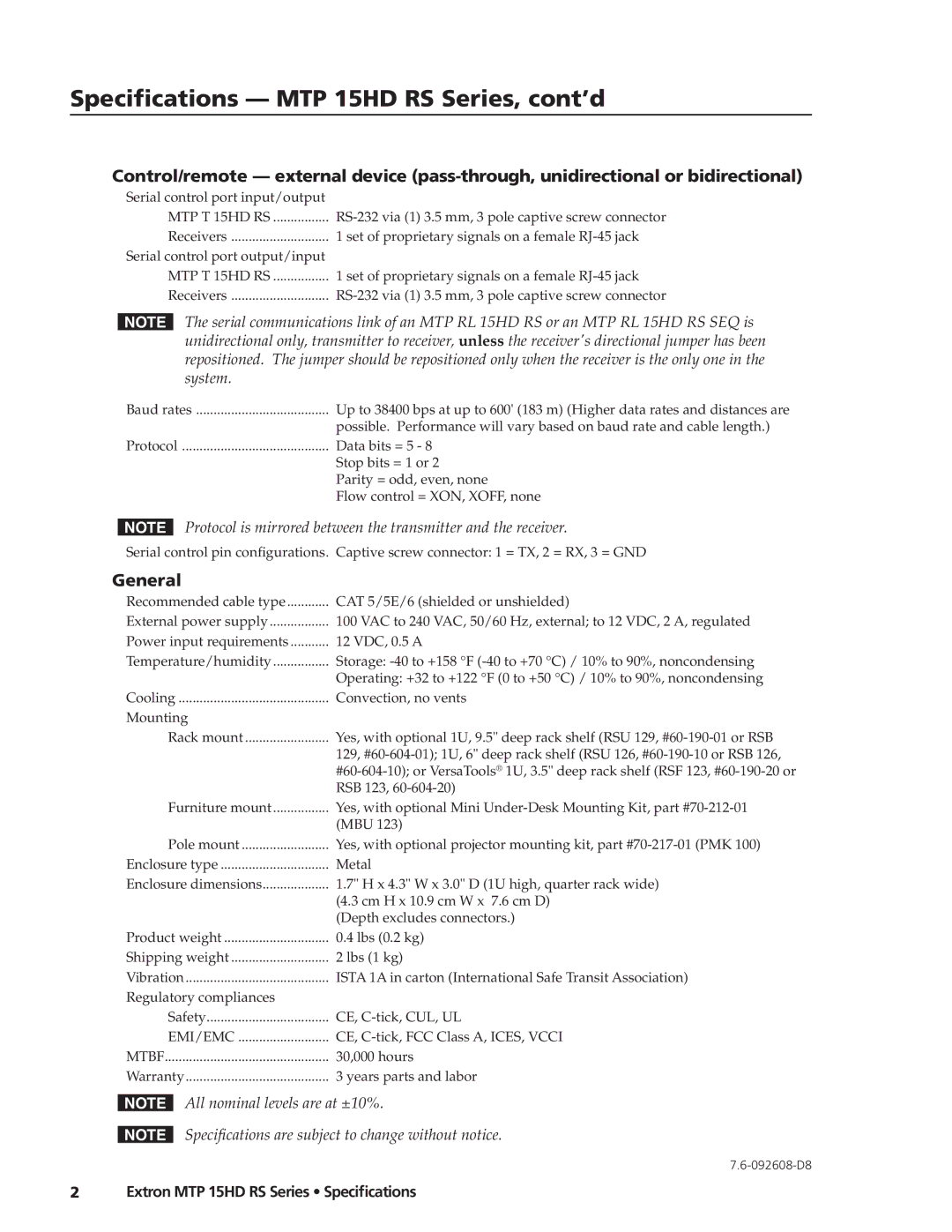 Extron electronic specifications Specifications MTP 15HD RS Series, cont’d, General, Protocol Data bits = 5 