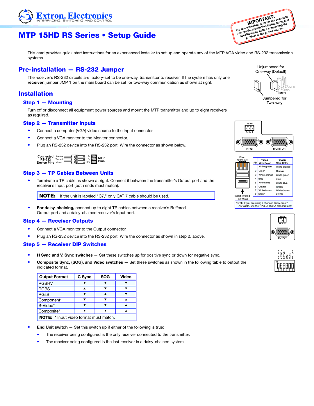 Extron electronic MTP 15HD RS setup guide Mounting, Transmitter Inputs, TP Cables Between Units, Receiver Outputs 