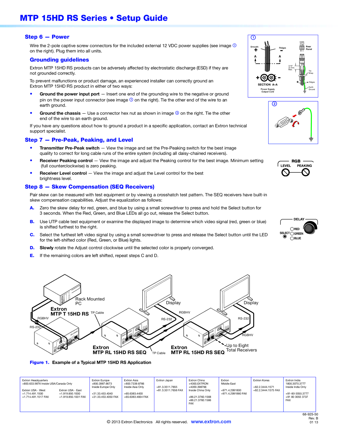 Extron electronic MTP 15HD RS Power, Grounding guidelines, Pre-Peak, Peaking, and Level, Skew Compensation SEQ Receivers 