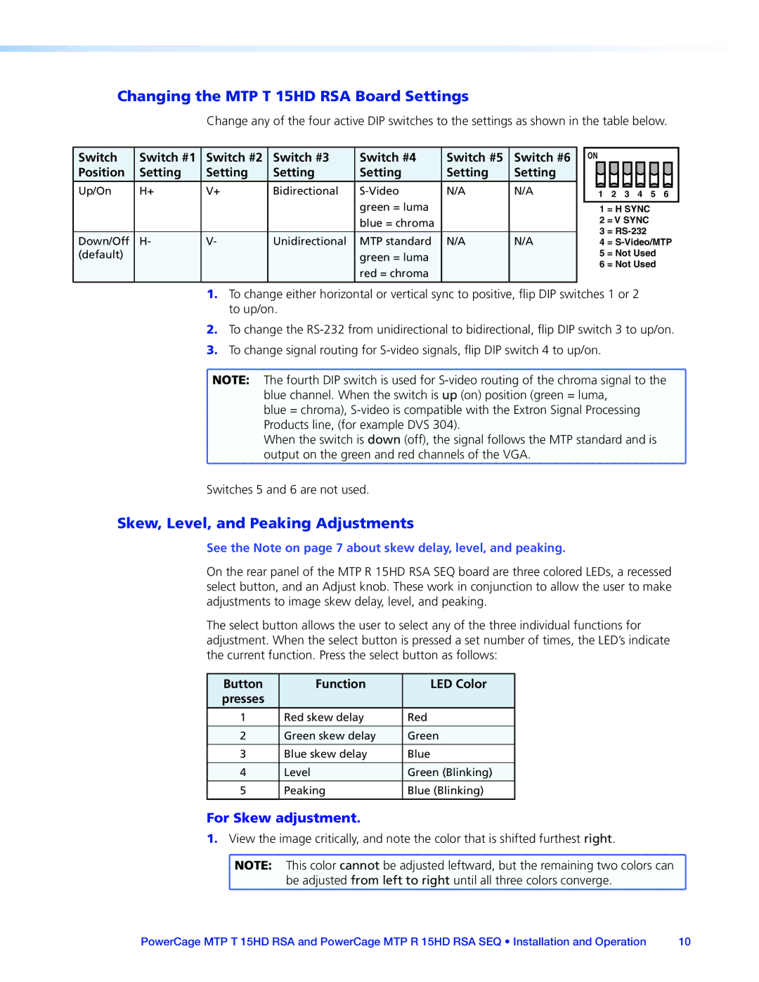 Extron electronic MTP 15HD RSA manual Skew, Level, and Peaking Adjustments, For Skew adjustment, Button Function LED Color 