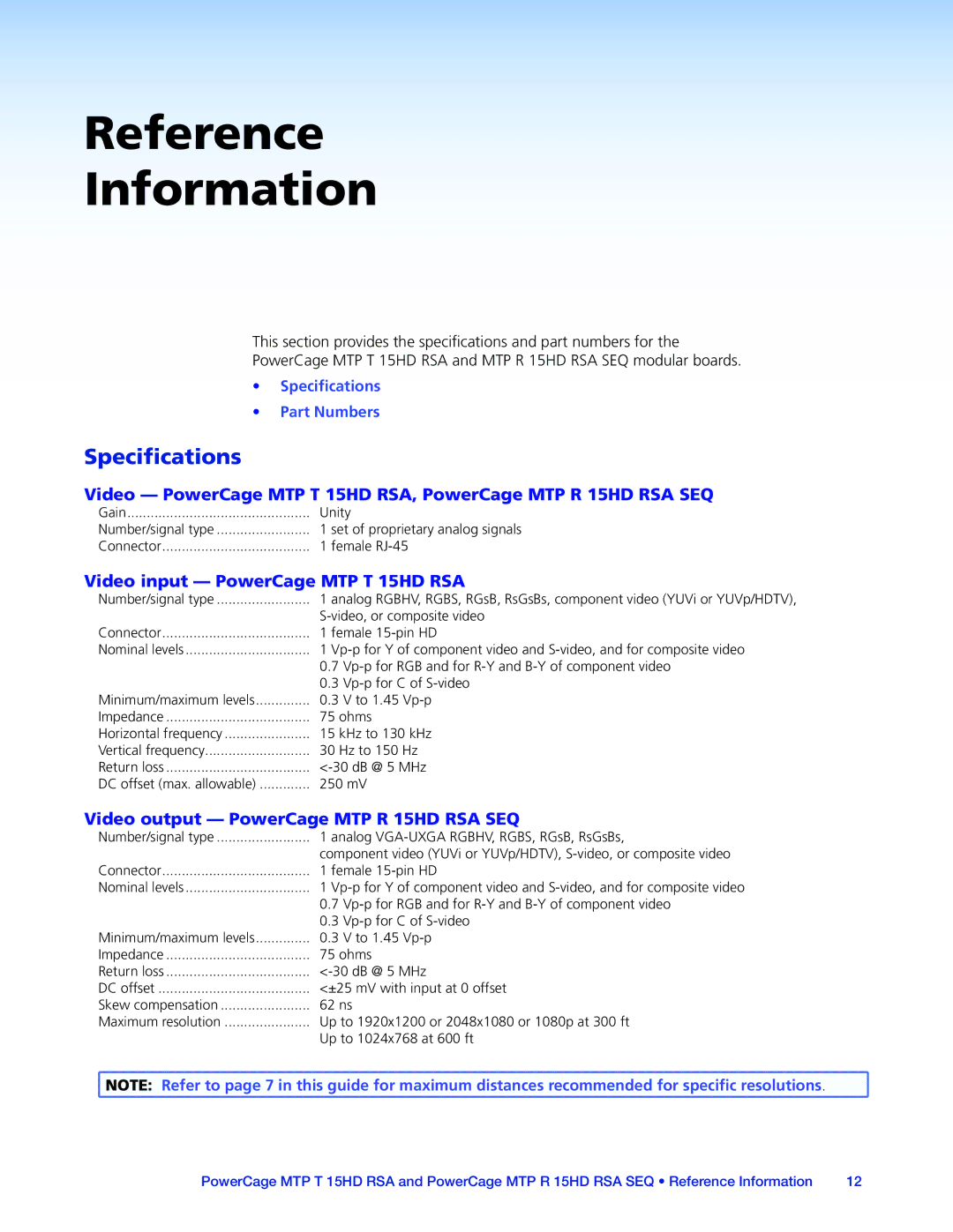 Extron electronic MTP 15HD RSA manual Reference Information, Specifications, Video input PowerCage MTP T 15HD RSA 