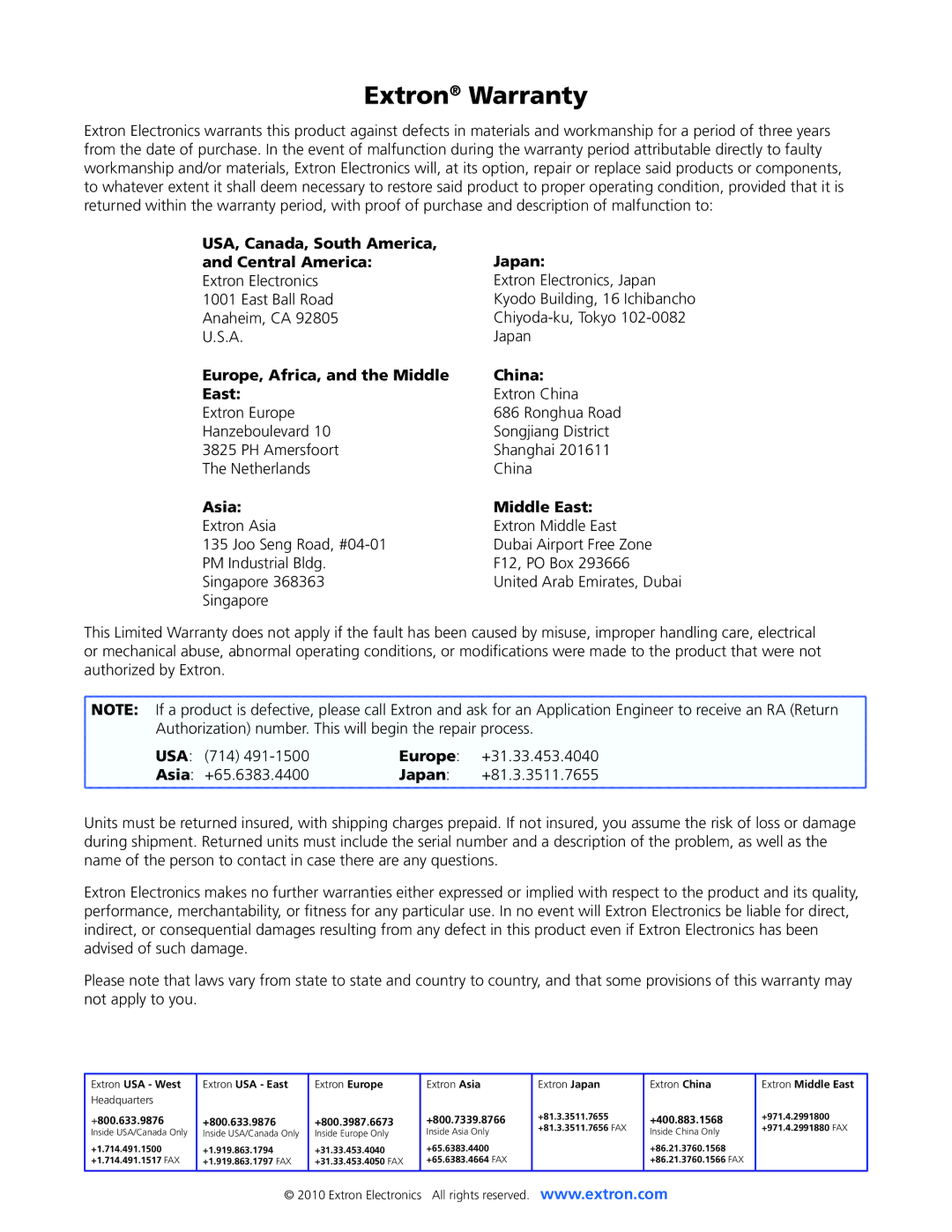 Extron electronic MTP 15HD RSA USA, Canada, South America Japan Central America, Europe, Africa, and the Middle China East 