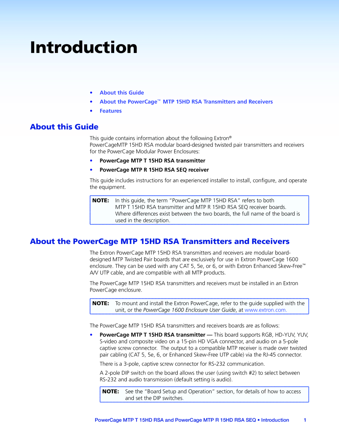 Extron electronic manual Introduction, About this Guide, About the PowerCage MTP 15HD RSA Transmitters and Receivers 