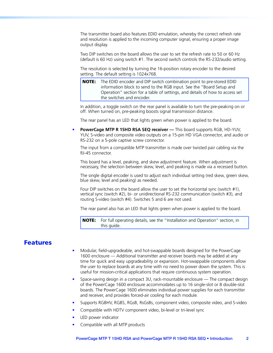 Extron electronic MTP 15HD RSA manual Features 