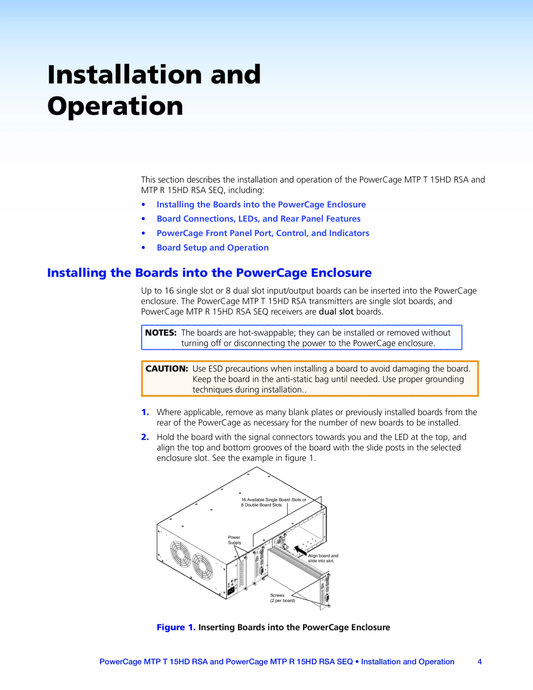 Extron electronic MTP 15HD RSA manual Installation Operation, Installing the Boards into the PowerCage Enclosure 