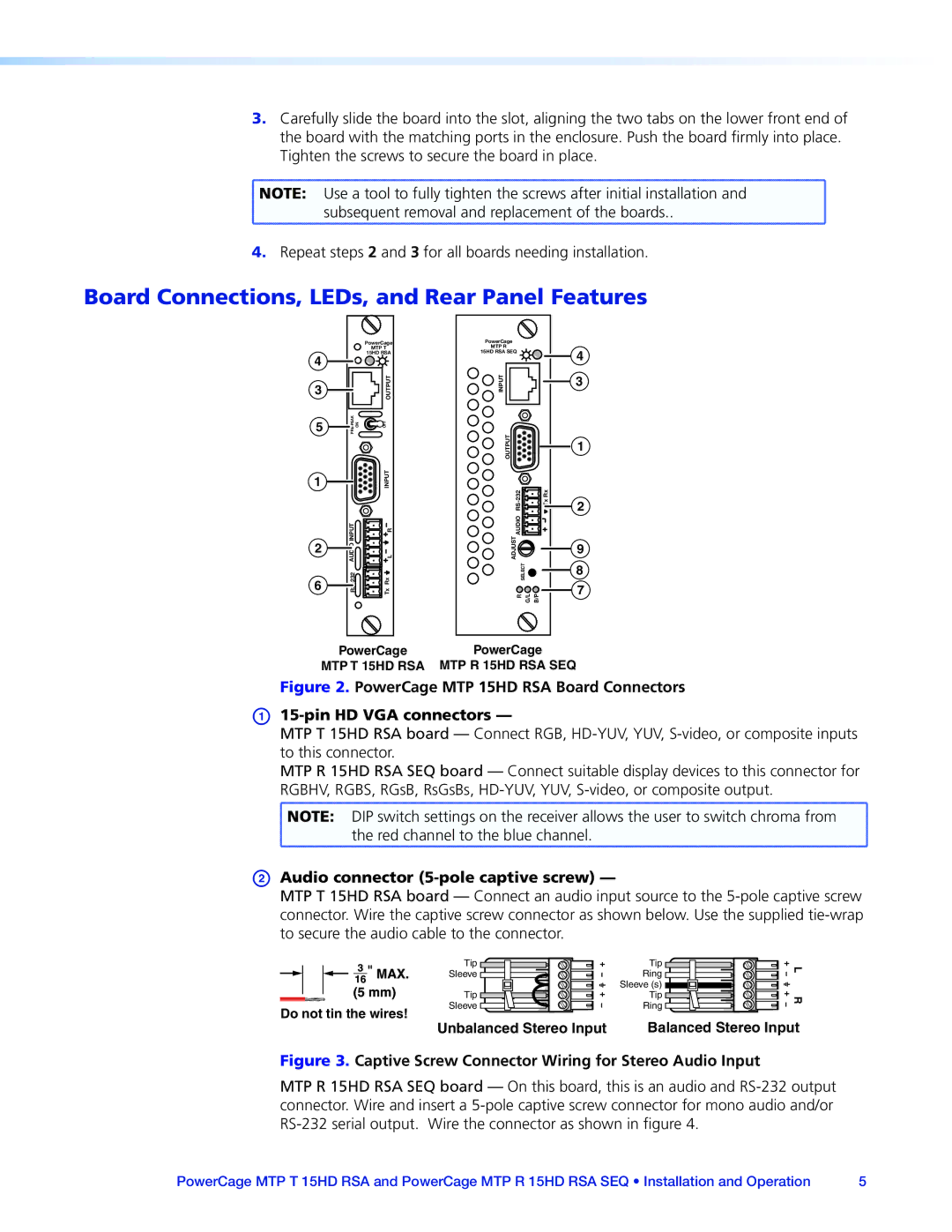 Extron electronic MTP 15HD RSA Board Connections, LEDs, and Rear Panel Features, Audio connector 5-pole captive screw 