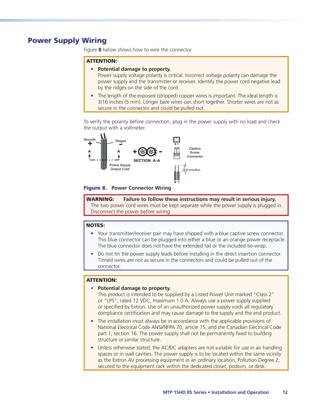 Extron electronic MTP 15HD manual Power Supply Wiring, Potential damage to property 