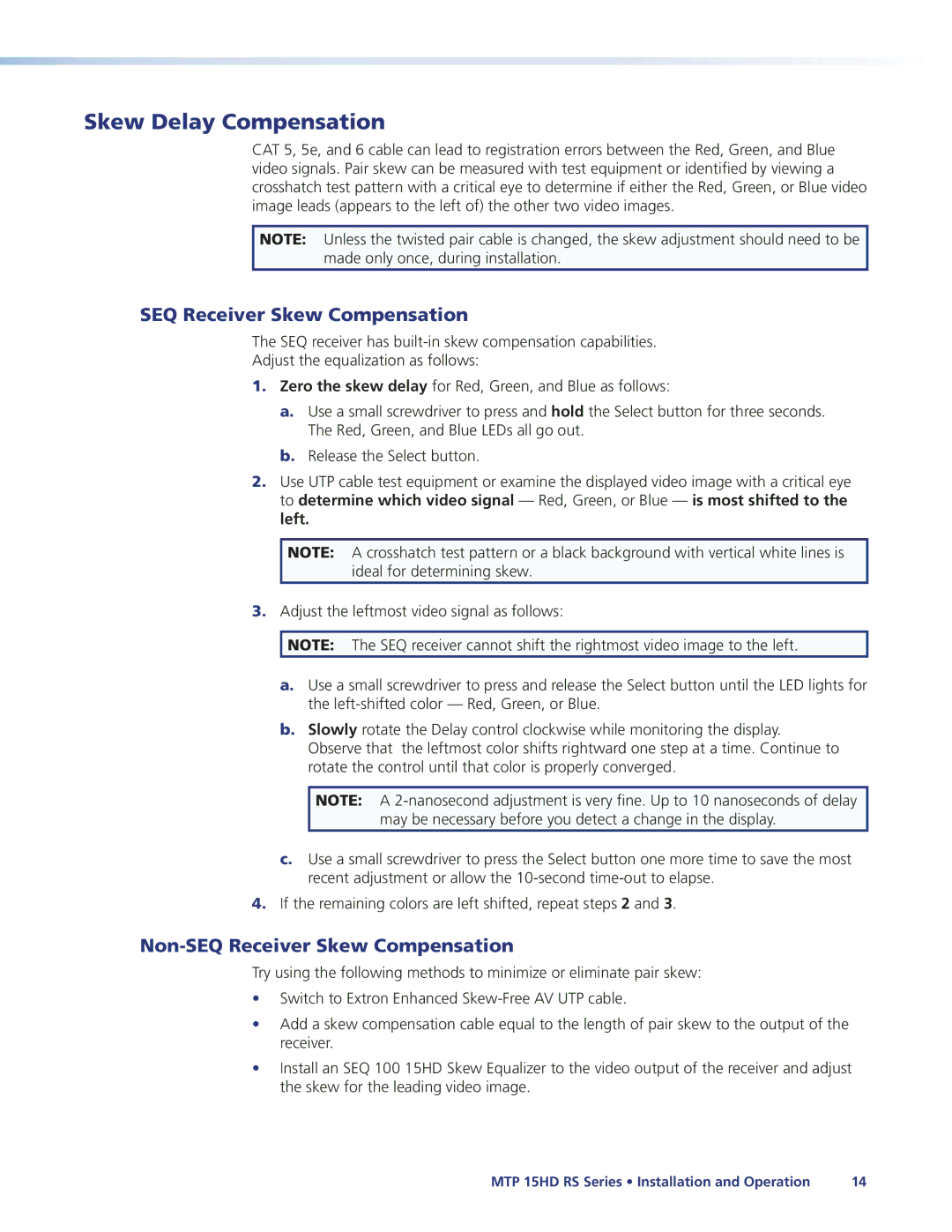 Extron electronic MTP 15HD manual Skew Delay Compensation, Non-SEQ Receiver Skew Compensation 