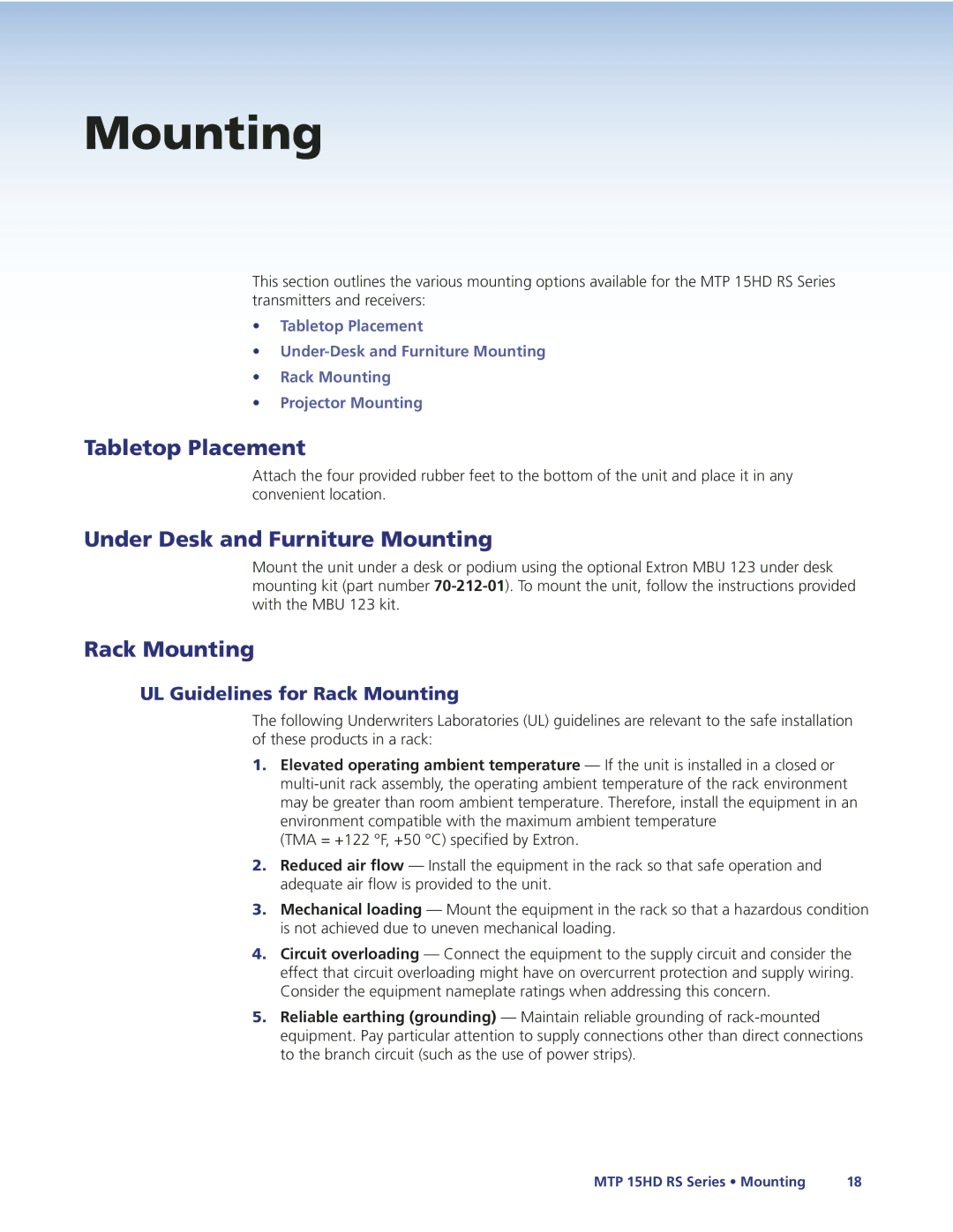 Extron electronic MTP 15HD manual Tabletop Placement, Under Desk and Furniture Mounting, Rack Mounting 