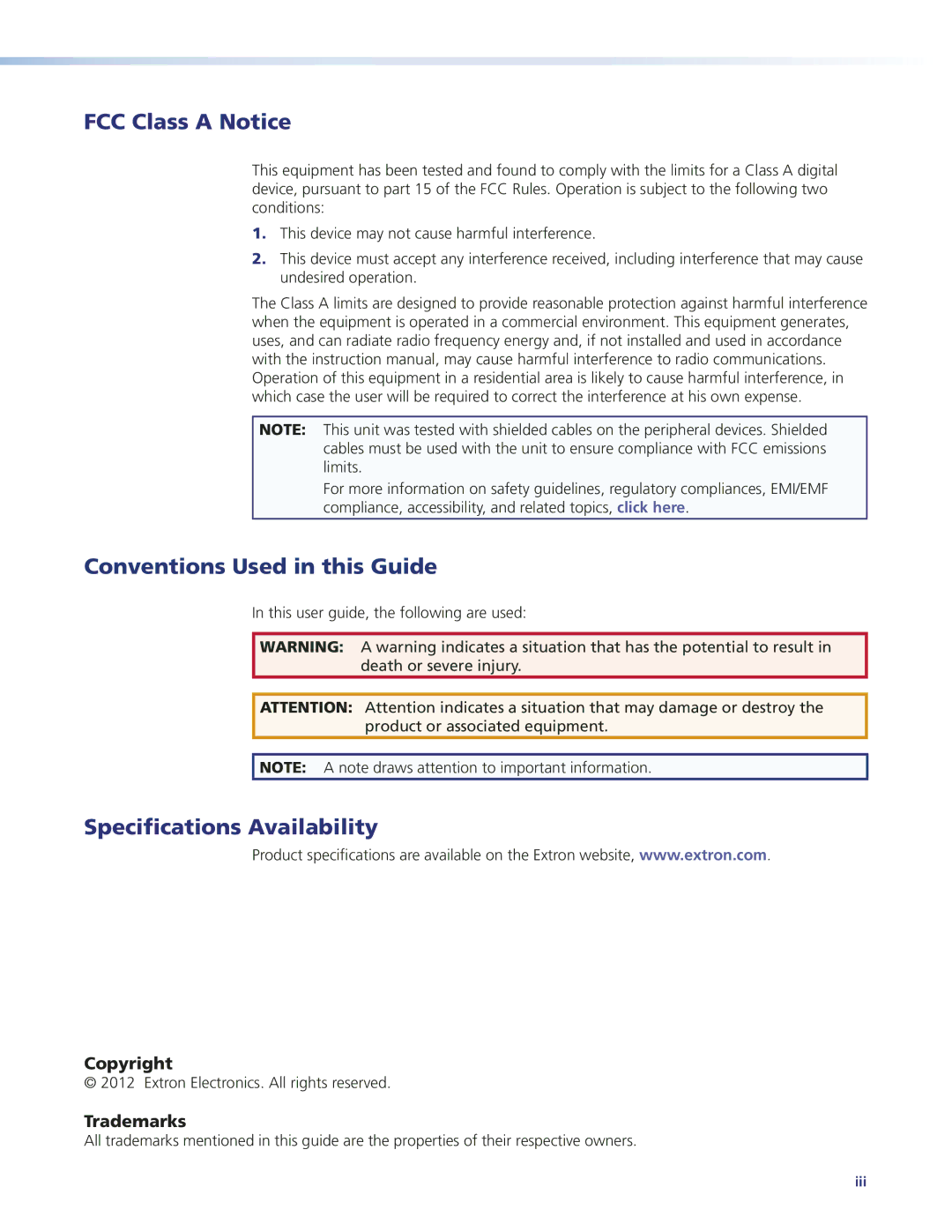 Extron electronic MTP 15HD manual FCC Class a Notice, Specifications Availability 