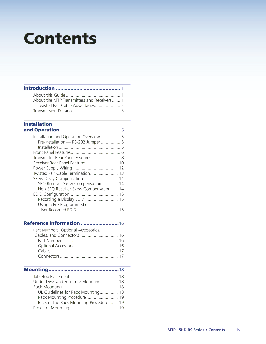 Extron electronic MTP 15HD manual Contents 