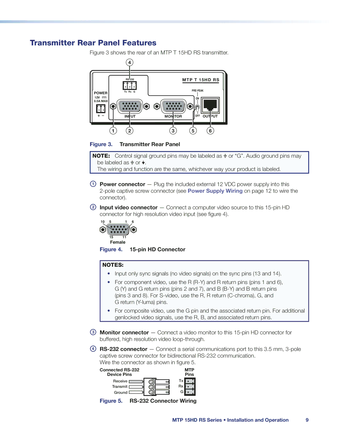 Extron electronic MTP 15HD manual Transmitter Rear Panel Features, Shows the rear of an MTP T 15HD RS transmitter 