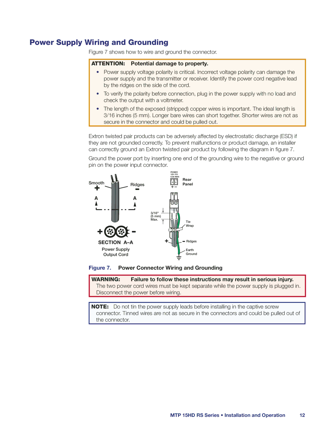 Extron electronic MTP 15HD manual Power Supply Wiring and Grounding, Power Connector Wiring and Grounding 