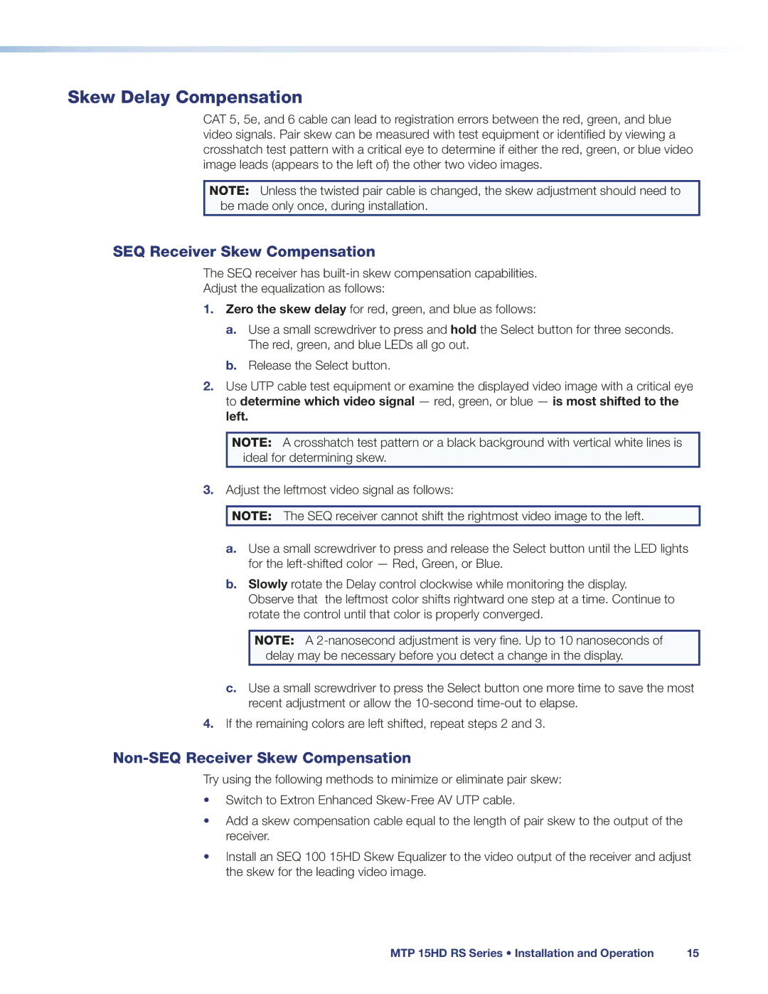 Extron electronic MTP 15HD manual Skew Delay Compensation, Non-SEQ Receiver Skew Compensation 