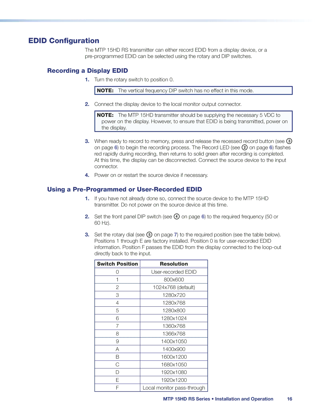 Extron electronic MTP 15HD Edid Configuration, Recording a Display Edid, Using a Pre-Programmed or User-Recorded Edid 