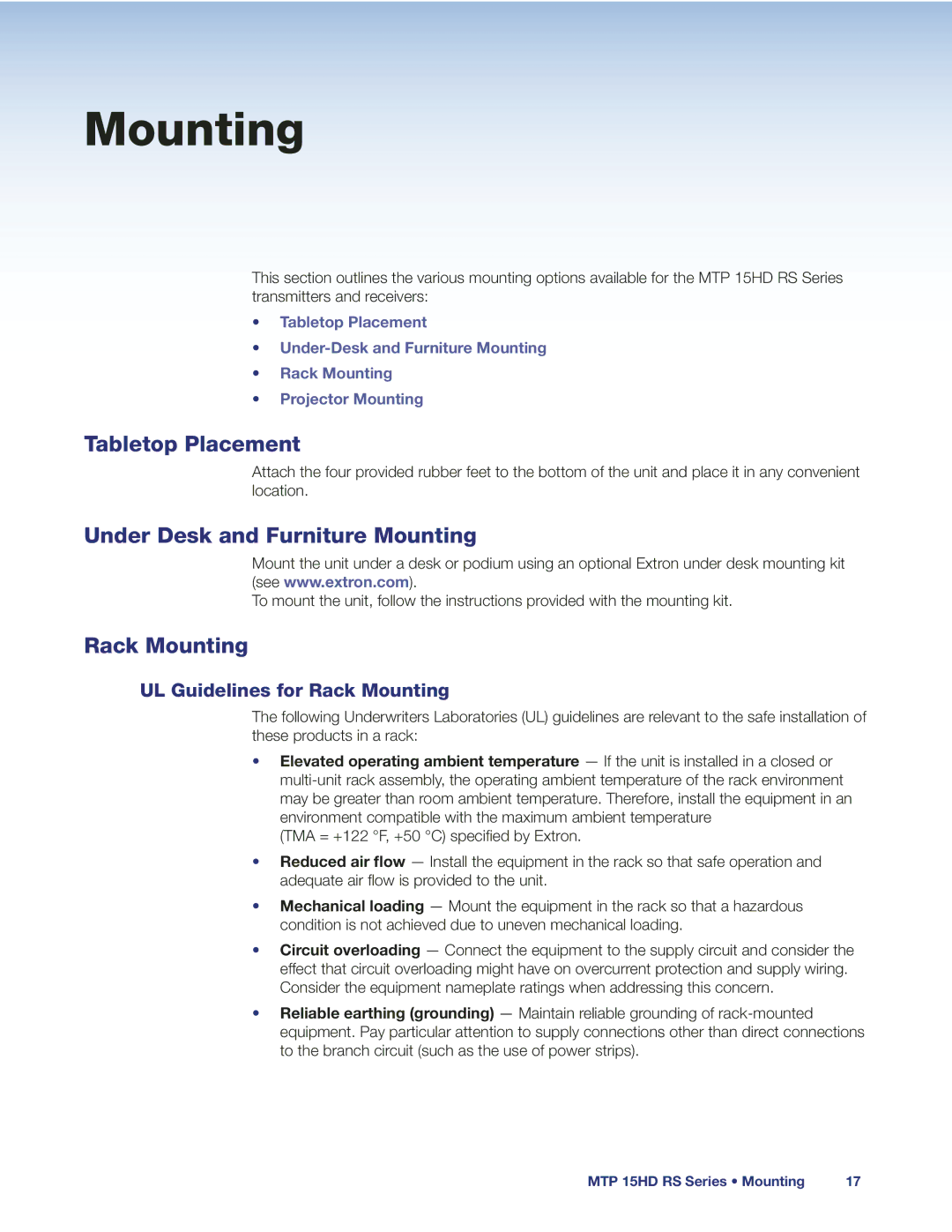 Extron electronic MTP 15HD manual Tabletop Placement, Under Desk and Furniture Mounting, Rack Mounting 